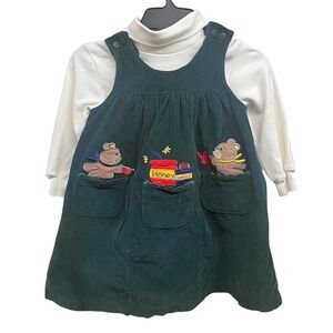 Vintage 90's Girls 2-Piece Green Corduroy Teddy Bear Turtleneck Dress Sz 4